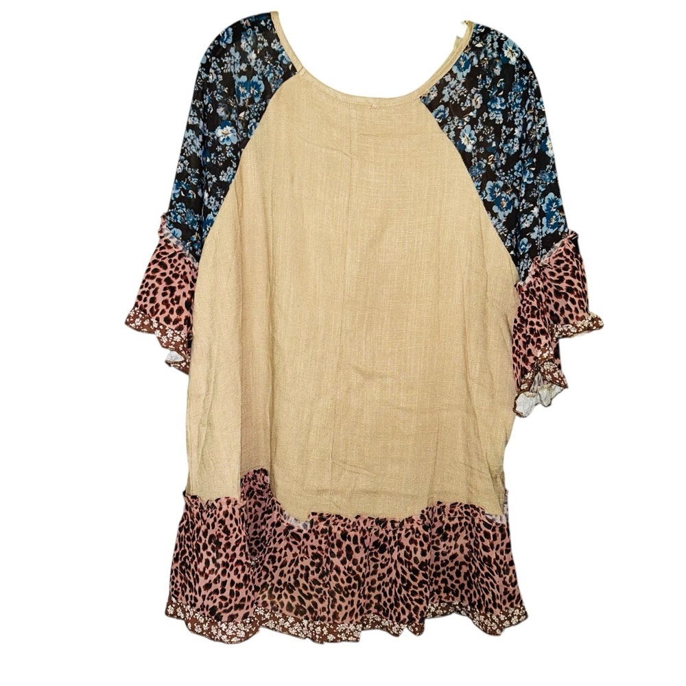 Umgee Tan Blouse with Blue and Pink Details - Picture 2 of 4